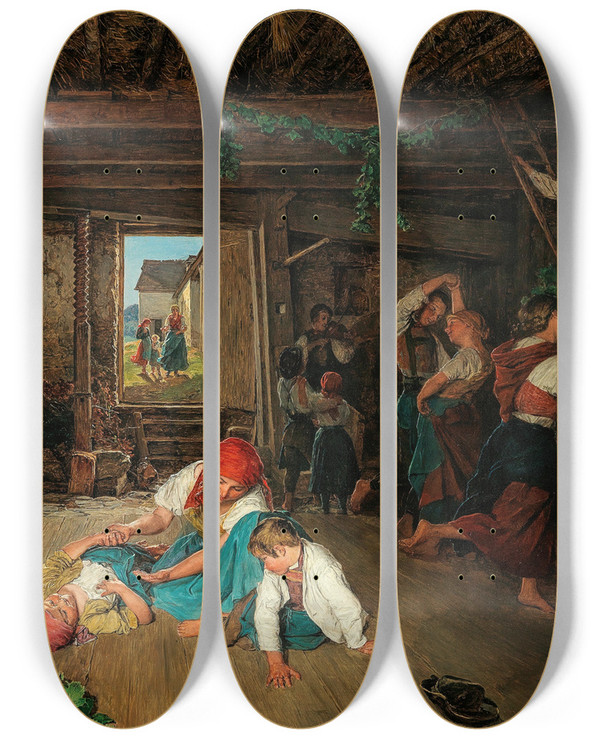 Triptych art skateboard deck of Ferdinand Georg Waldmller Preparing The Celebration Of The Wine Harvest by Ferdinand Georg Waldmuller (1793-1865)