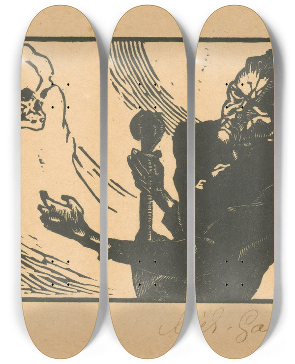 Triptych art skateboard deck of Mikul Galanda Przrak Smrti by Mikulas Galanda (1895-1938)