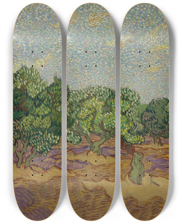 Triptych art skateboard deck of Vincent Van Gogh Olive Trees_3 by Vincent van Gogh (1853-1890)