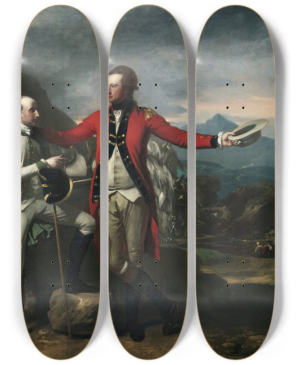 Triptych art skateboard deck of Benjamin West Two Officers And A Groom In A Landscape by Benjamin West (1738-1820)