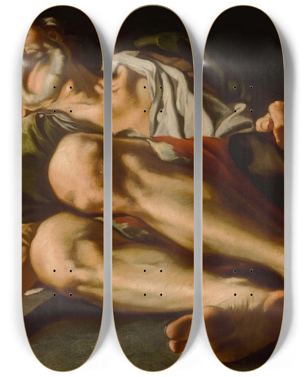 Triptych art skateboard deck of Gaspare Traversi An Old Beggar Lying Down His Hand Reaching Out by Gaspare Traversi (1722-1770)