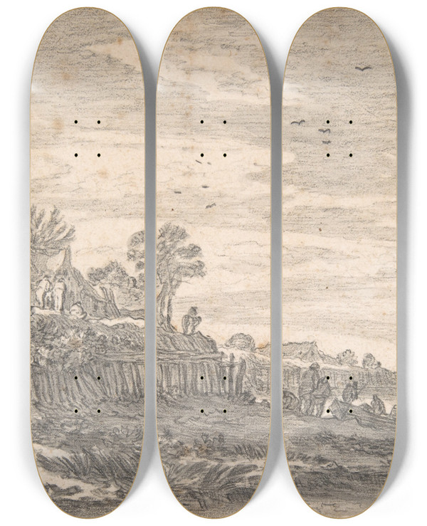 Triptych art skateboard deck of Pieter De Molijn Village On An Estuary With A Rowing Boat On The Shore by Pieter de Molijn (1595-1661)