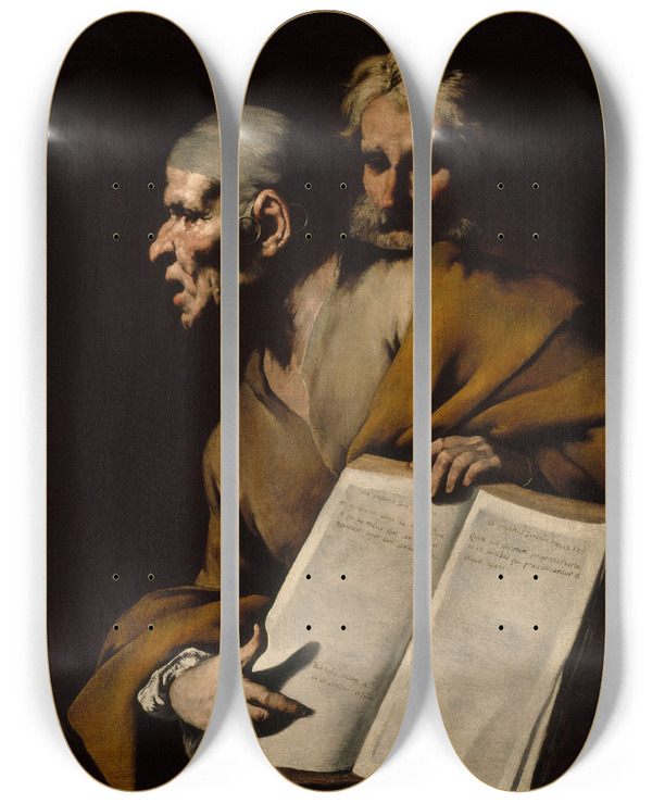 Triptych art skateboard deck of Master Of The Annunciation To The Shepherds Christ Disputing With The Doctors by Master Of The Annunciation To The Shepherds