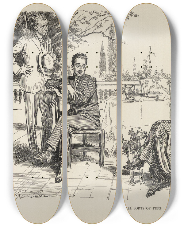 Triptych art skateboard deck of Charles Dana Gibson All Sorts Of Pups by Charles Dana Gibson (1867-1944)