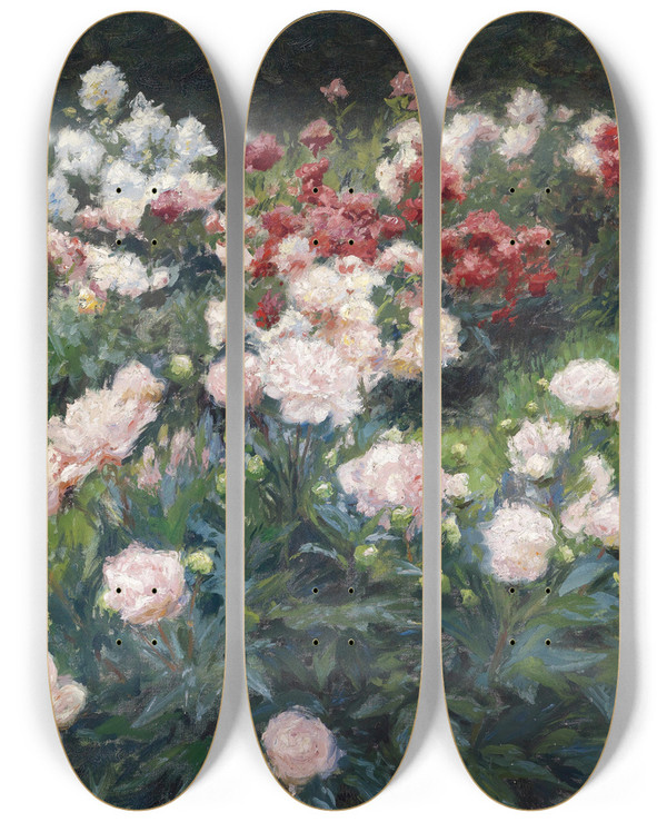 Triptych art skateboard deck of Wilhelm Bernatzik Pfingstrosen by Wilhelm Bernatzik (1853-1906)