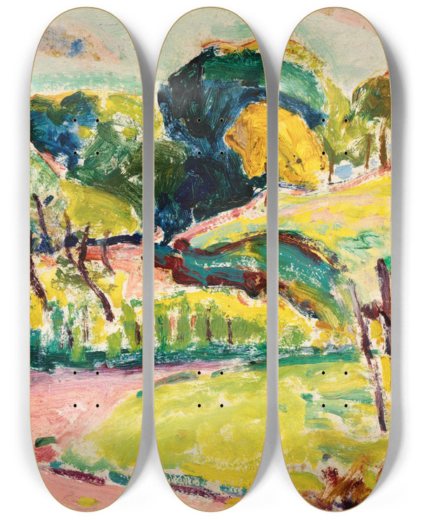 Triptych art skateboard deck of Alfred Henry Maurer Hills by Alfred Henry Maurer (1868-1932)