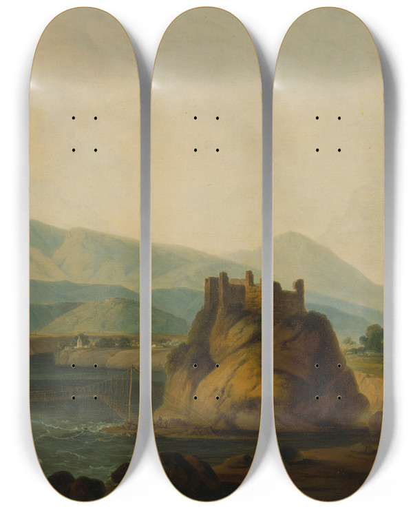 Triptych art skateboard deck of Thomas Daniell The Rope Bridge At Serinagur by Thomas Daniell (1749-1840)