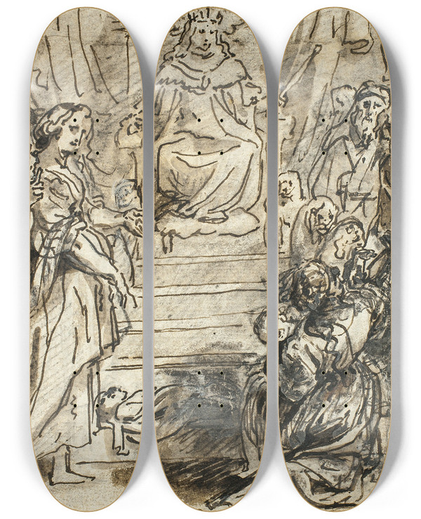 Triptych art skateboard deck of Abraham Van Diepenbeeck Judgement Of Solomon by Abraham Van Diepenbeeck (1596-1675)