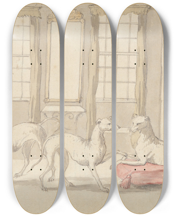 Triptych art skateboard deck of Pieter Casteels Three Greyhounds In A Room by Pieter Casteels (1684-1749)