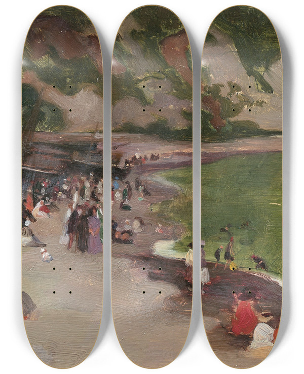 Triptych art skateboard deck of Andr Victor Douard Devambez Vue Anime De La Plage Dyport by Andr Victor douard Devambez (1867-1943)
