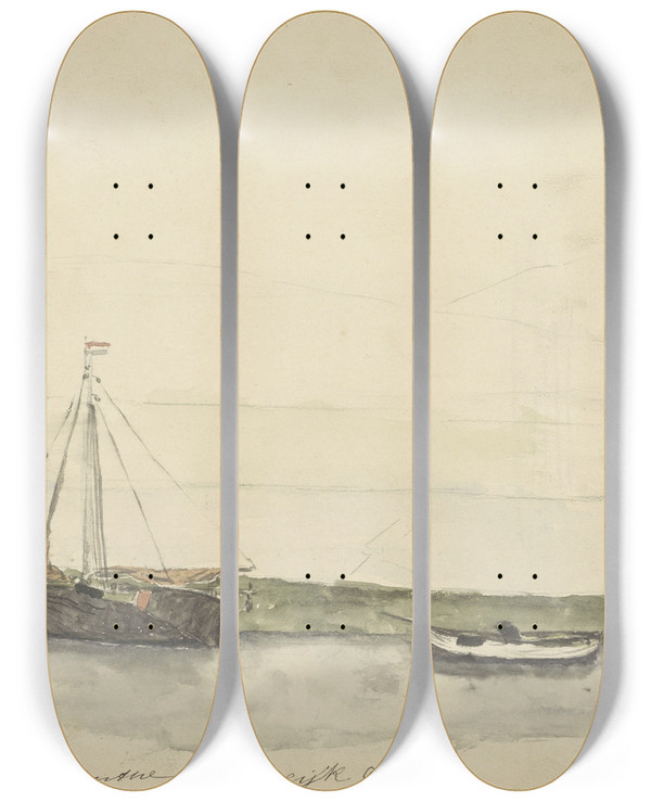 Triptych art skateboard deck of Gerhard Munthe Schepen In De Haven Te Katwijk Aan Zee by Gerhard Munthe (1849-1929)