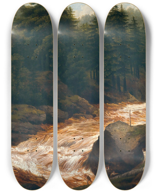 Triptych art skateboard deck of Franz Scheyerer Loggers At A Mountain Torrent by Franz Scheyerer (1770-1839)