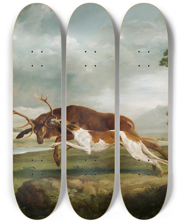 Triptych art skateboard deck of George Stubbs Hound Coursing A Stag by George Stubbs (1724-1806)
