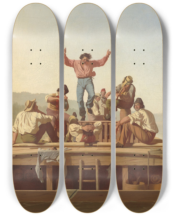 Triptych art skateboard deck of George Caleb Bingham The Jolly Flatboatmen by George Caleb Bingham (1811-1879)