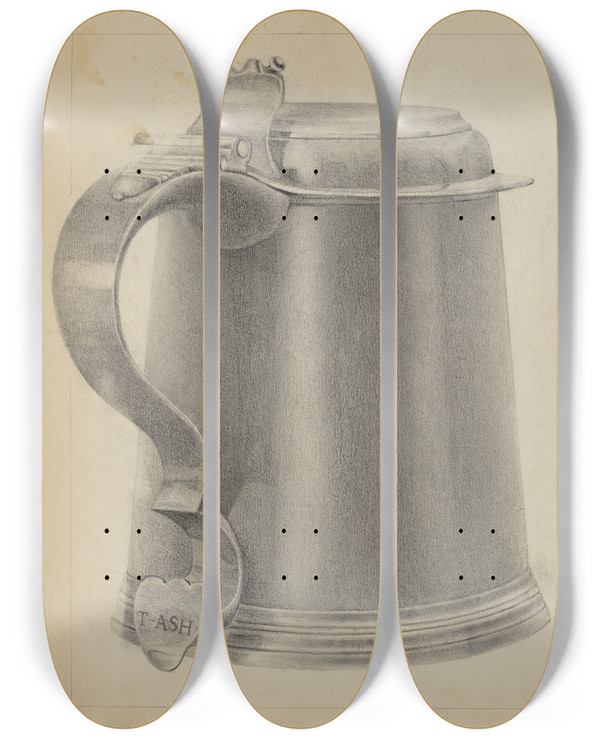 Triptych art skateboard deck of Joseph Rothenberg Silver Tankard by Joseph Rothenberg
