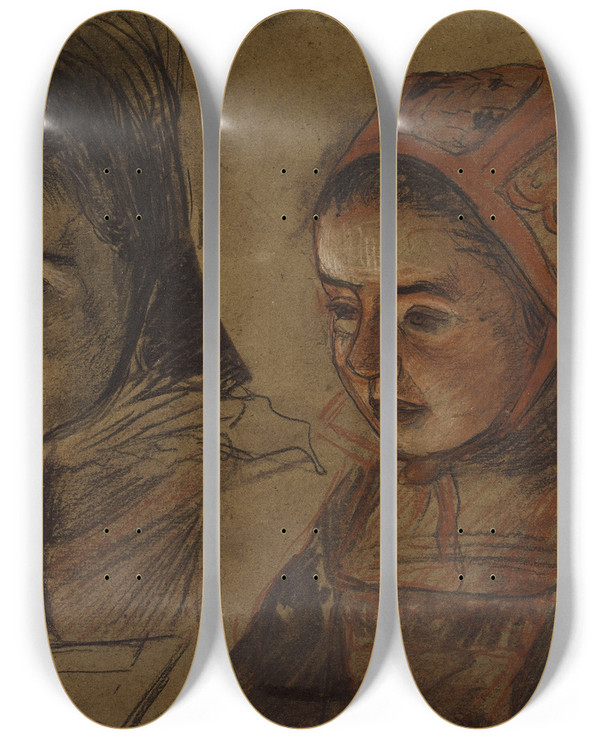 Triptych art skateboard deck of Charles Cottet Fillettes Bretonnes by Charles Cottet (1863-1925)