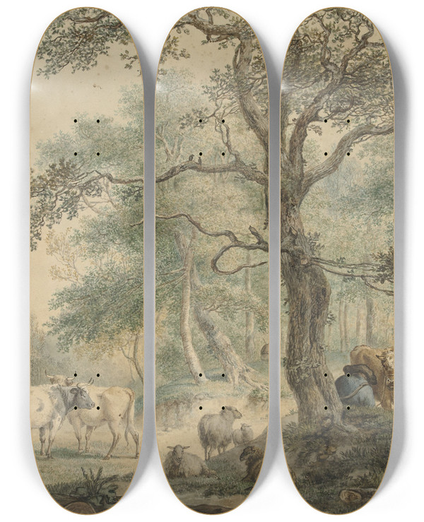 Triptych art skateboard deck of Pieter Gerardus Van Os Landschap Met Twee Herders Met Vee by Pieter Gerardus Van Os (1776-1836)