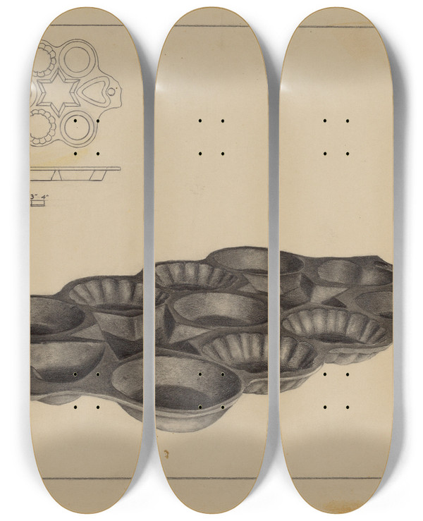 Triptych art skateboard deck of Milton Grubstein Maple Sugar Mold by Milton Grubstein