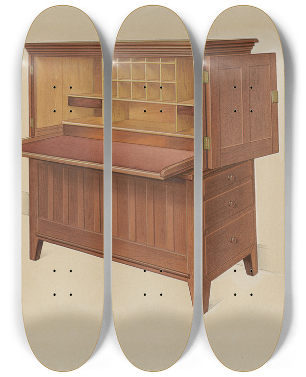 Triptych art skateboard deck of Anne Ger Shaker Desk by Anne Ger