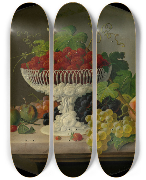 Triptych art skateboard deck of Severin Roesen Still Life With Strawberries In A Compote by Severin Roesen (1816-1872)