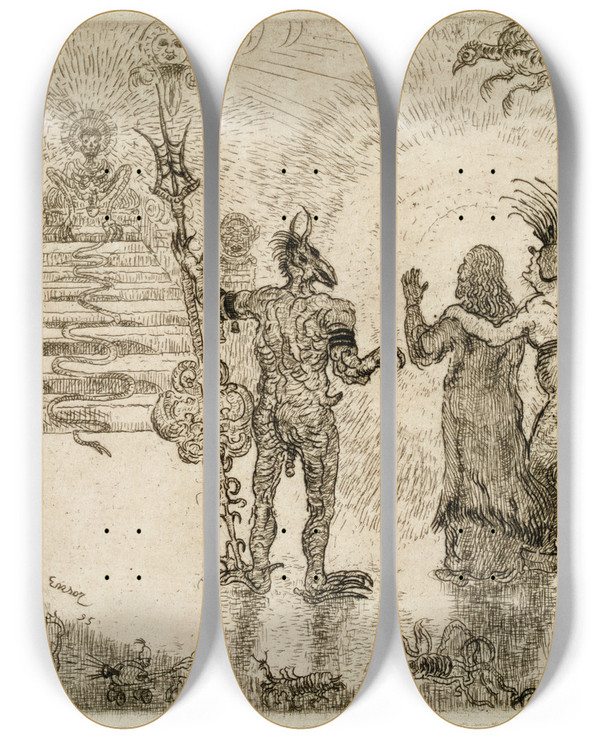 Triptych art skateboard deck of James Ensor The Devils Dzitts And Hihanox Leading Christ To Hell by James Ensor (1860-1949)