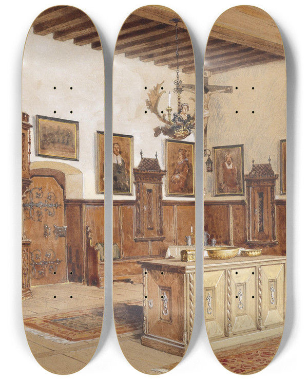 Triptych art skateboard deck of Franz Poledne Interieur Burg Kreuzenstein by Franz Poledne (1873-1932)