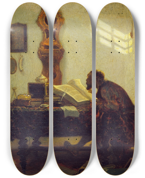 Triptych art skateboard deck of Alexandregabriel Decamps The Philosopher by Alexandre-Gabriel Decamps (1803-1860)