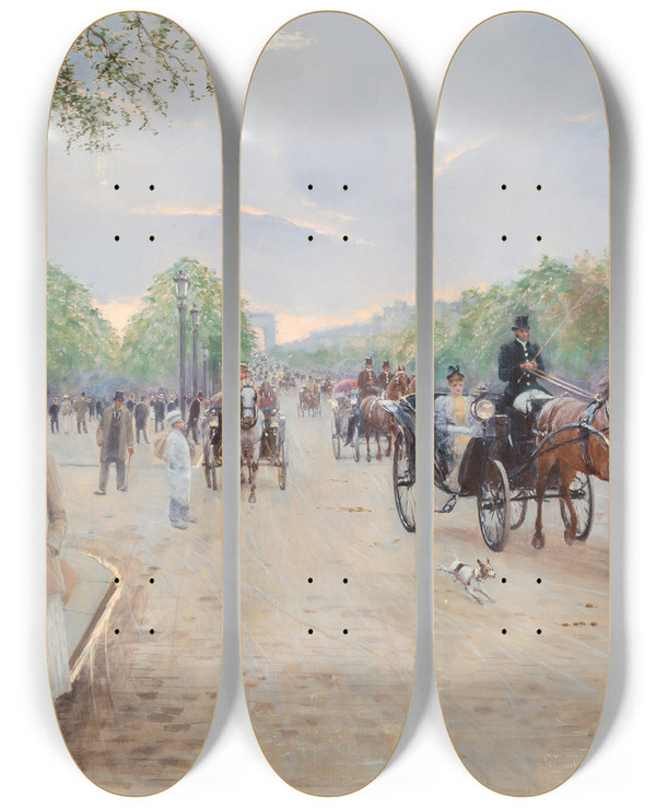 Triptych art skateboard deck of Jean Braud Sur Les Champs Lyses by Jean Beraud (1849-1935)