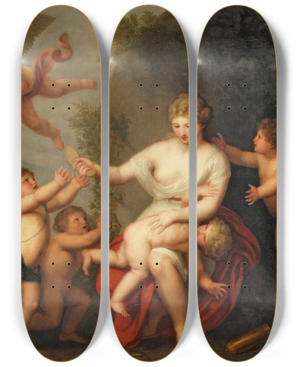 Triptych art skateboard deck of Andries Cornelis Lens Venus Chastising Cupid by Andries Cornelis Lens (1739-1822)
