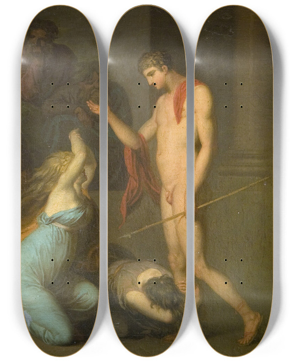 Triptych art skateboard deck of Nicolai Abildgaard Ismene And Antogone Plead With Theseus by Nicolai Abildgaard (1743-1809)