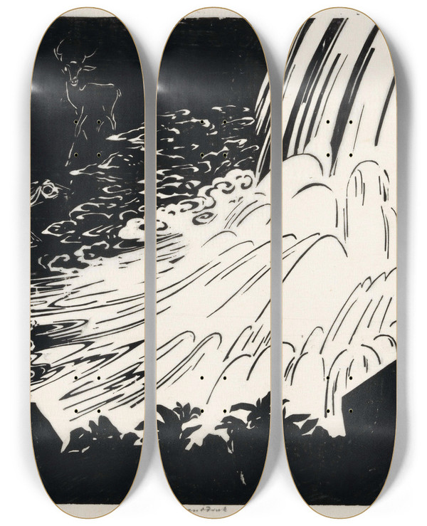 Triptych art skateboard deck of Johannes Frederik Engelbert Ten Klooster Waterval Met Herten by Johannes Frederik Engelbert Ten Klooster (1873-1940)