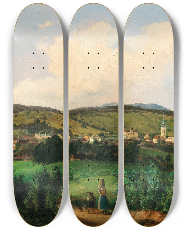 Triptych art skateboard deck of Carl Franz Michael Geyling Vienna A View Of The Church And Barracks In Mauer Seen From Lange Gasse by Carl Franz Michael Geyling (1814-1880)