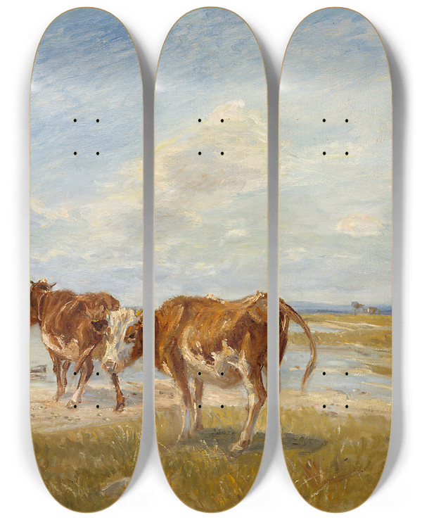 Triptych art skateboard deck of Theodor Philipsen Cows On The Beach Sketch by Theodor Philipsen (1840-1920)