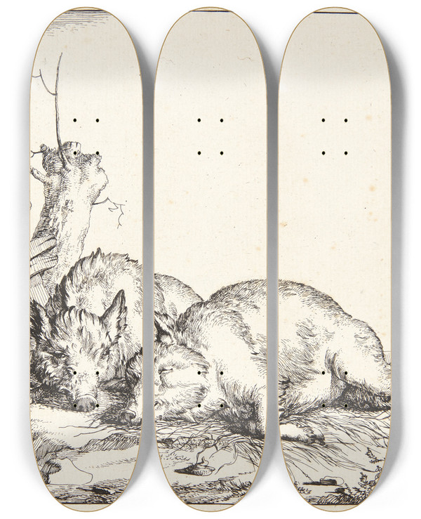 Triptych art skateboard deck of Marcus De Bye To Sovende Svin by Marcus de Bye (1638-1688)