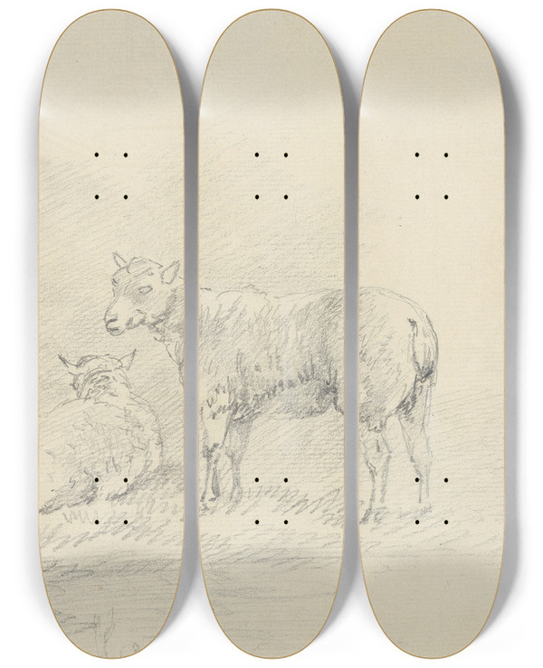 Triptych art skateboard deck of Sawrey Gilpin Three Sheep_1 by Sawrey Gilpin (1733-1807)