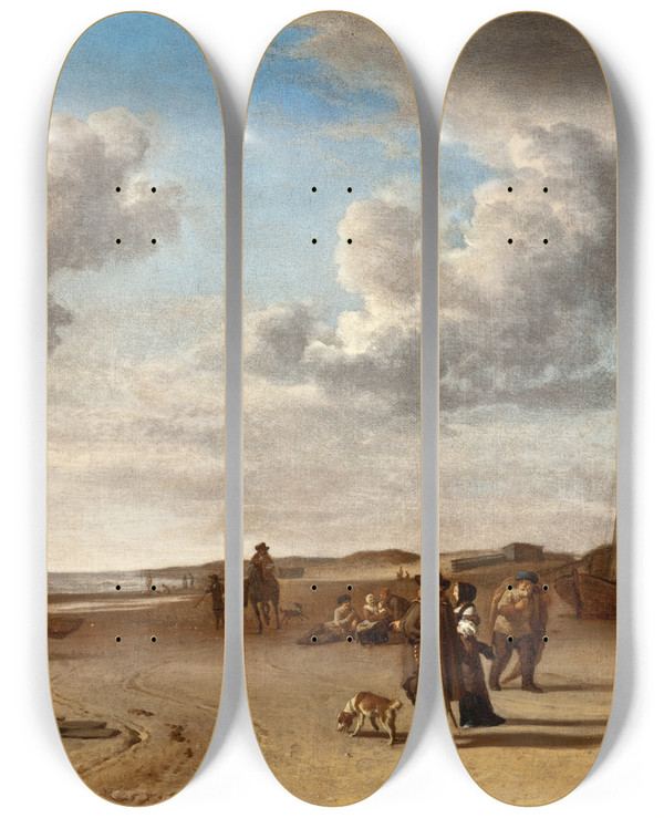 Triptych art skateboard deck of Adriaen Van De Velde The Beach Scheveningen by Adriaen van de Velde (1636-1672)