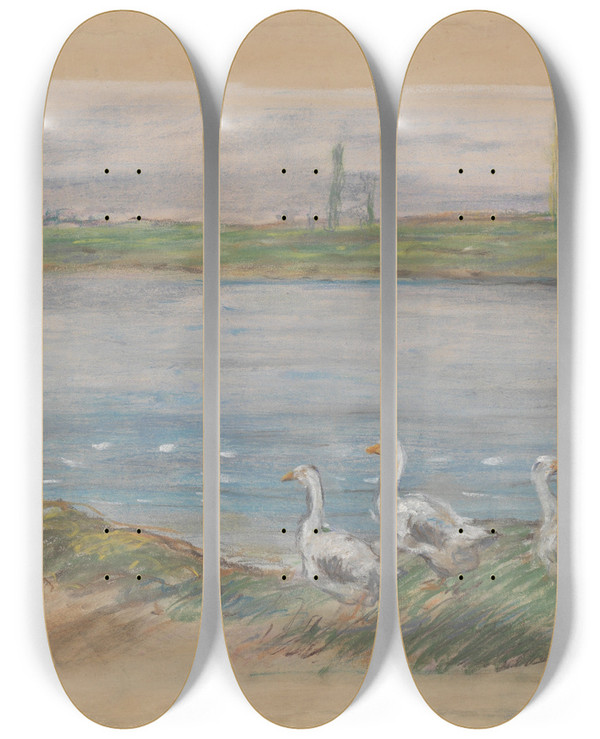 Triptych art skateboard deck of Alfred Sisley Four Geese By A Pond by Alfred Sisley (1840-1899)