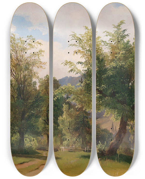 Triptych art skateboard deck of Ludwig Halauska Landscape With Rivere by Ludwig Halauska (1827-1882)