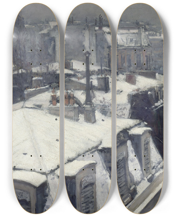 Triptych art skateboard deck of Gustave Caillebotte Rooftops In The Snow Snow Effect by Gustave Caillebotte (1848-1894)