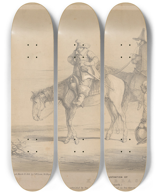 Triptych art skateboard deck of John Doyle New Illustration Of Hudibras by John Doyle (1939)
