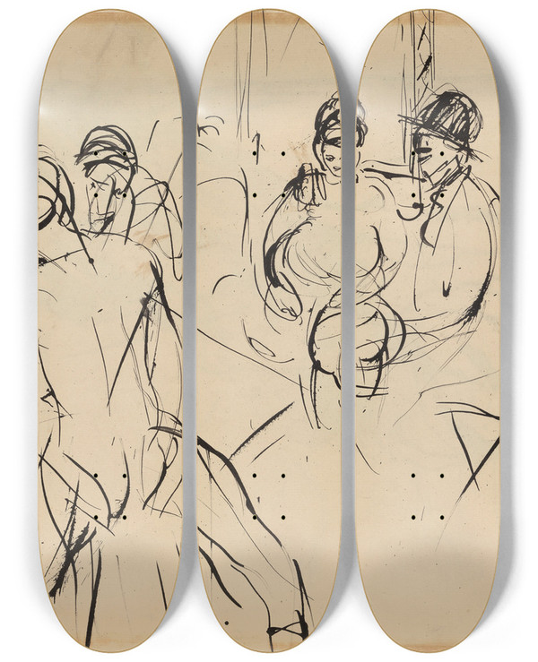Triptych art skateboard deck of Rik Wouters James Ensor Willem Paerels And Auguste Oleffe In An Antwerp Brothel After A Vernissage At Kunst Van Heden by Rik Wouters (1882-1916)