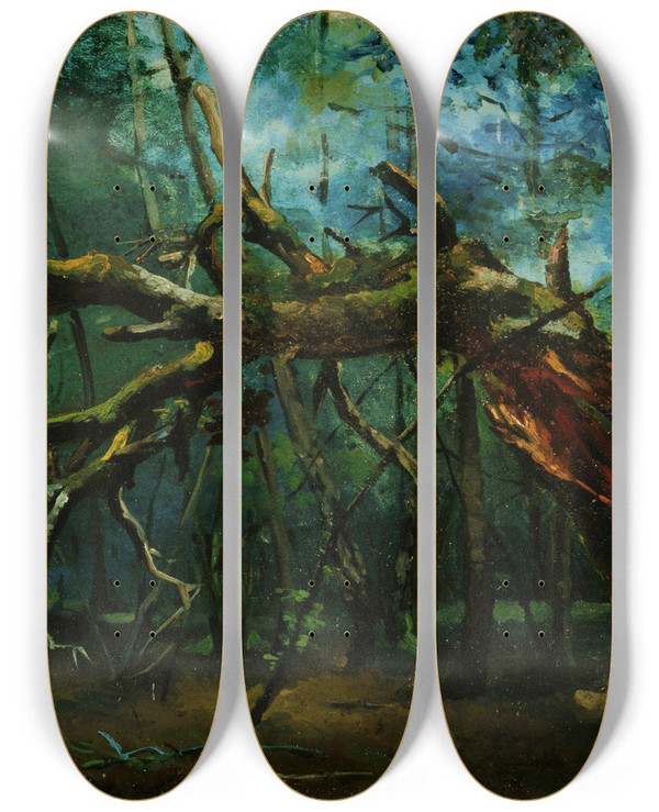 Triptych art skateboard deck of Jeanbaptistecamille Corot A Fallen Tree by Jean-Baptiste-Camille Corot (1796-1875)