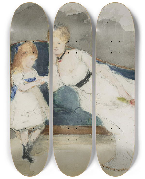 Triptych art skateboard deck of Berthe Morisot Mme Gobillard Et Sa Fille Paule by Berthe Morisot (1841-1895)