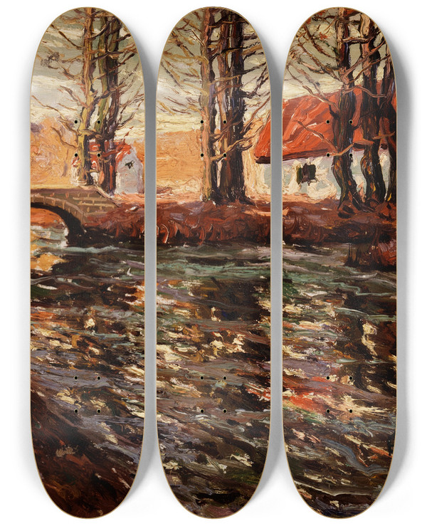 Triptych art skateboard deck of Ernest Lawson River Landscape by Ernest Lawson (1873-1939)
