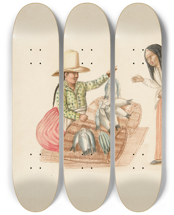 Triptych art skateboard deck of Francisco Fierro Fish Merchant And Indian Woman by Francisco Fierro (1807-1879)