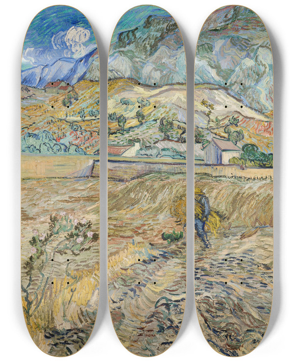 Triptych art skateboard deck of Vincent Van Gogh Landscape At Saintrmy Enclosed Field With Peasant by Vincent van Gogh (1853-1890)