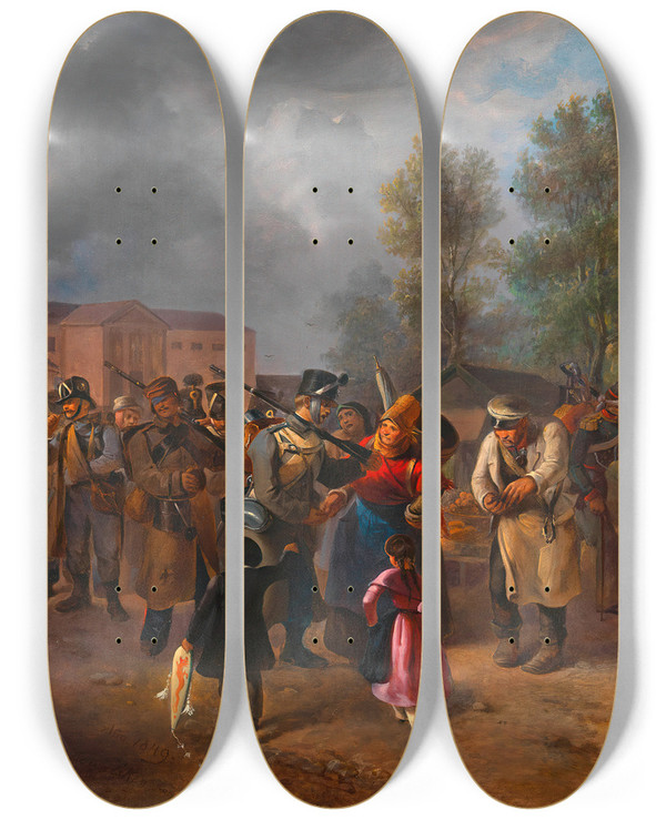 Triptych art skateboard deck of Hermann Kowalski Abmarsch Der Wiener Freiwilligen Im Jahr 1849 by Hermann Kowalski (1813-1853)