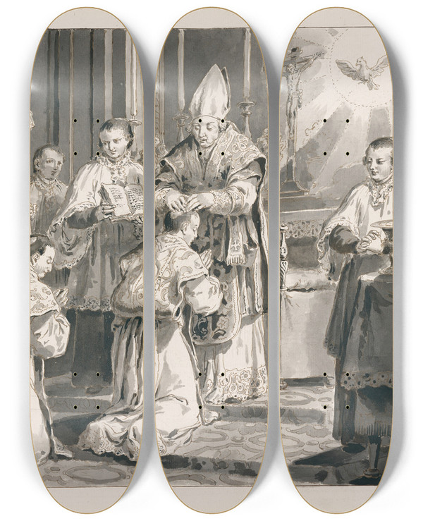 Triptych art skateboard deck of Pietro Antonio Novelli Ordination From The Sevensacraments by Pietro Antonio Novelli (1729-1804)