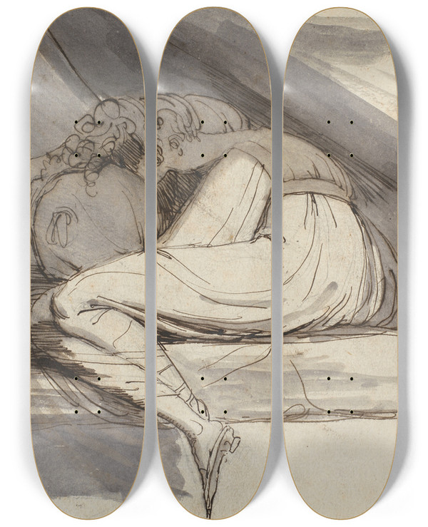 Triptych art skateboard deck of Johann Heinrich Fssli Siddende Sammenkrbet Kvinde by Johann Heinrich Fussli
