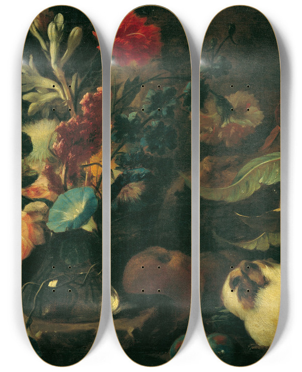 Triptych art skateboard deck of Franz Werner Von Tamm Stillleben Mit Meerschweinchen Blumen Und Frchten by Franz Werner Tamm (1658-1724)
